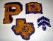A group of four chenille patches.  Old gold and purple chenille on white felt.